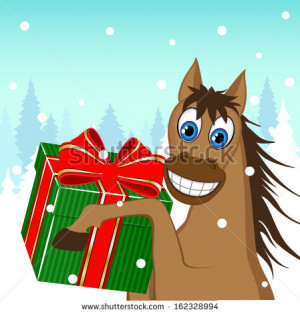 Christmas card - a funny horse with a gift