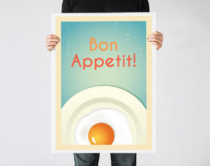 Kitchen art, Kitchen quote, Retro poster, Bon Appetit, Fried eggs, Mid ...