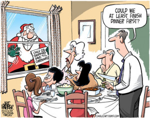Cartoon: Santa knocking on window with sign: ‘only 28 shopping days ...