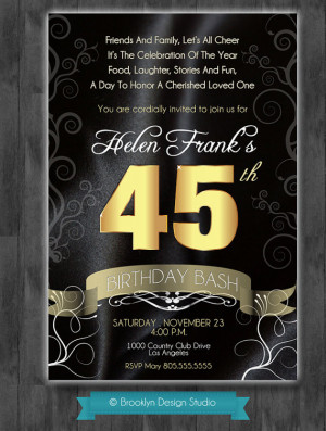 45th Birthday Bash - Custom Designed Invitation - Black Satin and Gold ...