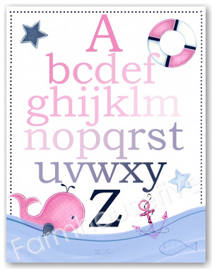 Nautical Pink n Navy WHALE Alphabet Letters ABC Wall Art