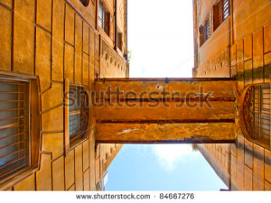 Bridge between 2 old industrial buildings in Kavala town in northern