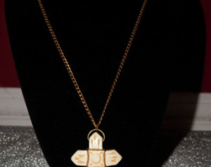 Wire Wrapped White Natural Carved Bone Cross Charm Gold Chain Necklace ...