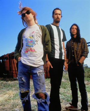 Grunge rock artists Nirvana with Kurt Cobain