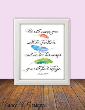 ... feathers, inspirational quote printable Psalm 91:4 INSTANT DOWNLOAD by