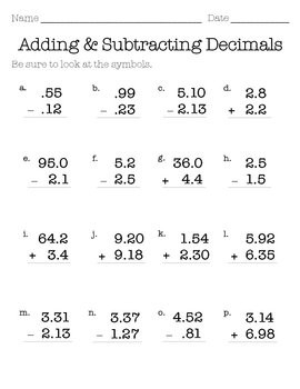 Decimal Addition and Subtraction Worksheets