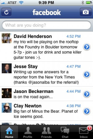 Screenshots of News Feed, Mini Feed, Facebook Chat on iPhone