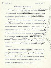 first draft of the Infamy Speech, with changes by Roosevelt
