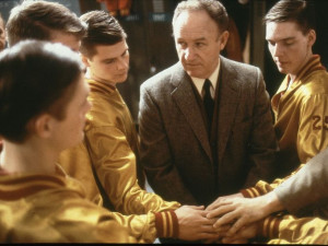 Actor Gene Hackman as Coach Norman Dale, prepares to send players out ...