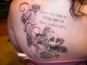 Rose Flowers And Skull Tattoo On Girl Back