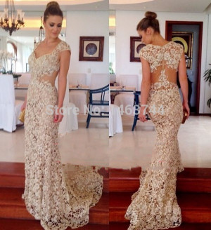 2015 Elegant Women Evening Gowns Cap Sleeves V Neck Lace Prom Dresses
