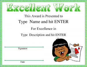 Excellent Work award with modern green frame, featuring graphic of a ...