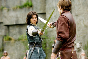 Peter fighting Prince Caspian at Aslan's How.