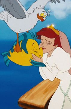 Ariel saying goodbye to Scuttle and Flounder. More