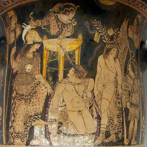 ... ? [ Orestes at Delphi , Paestan red-figured bell-krater, ca. 330 BCE