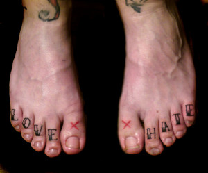 Love Hate Tattoo Leg fingers love-hate tattoo!