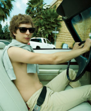 ... vintage indie car guy sunglasses sunny shirtless Michael Cera ride