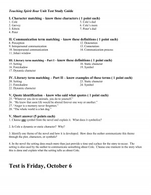 Touching Spirit Bear Unit Test Study Guide - DOC by lisashepherd