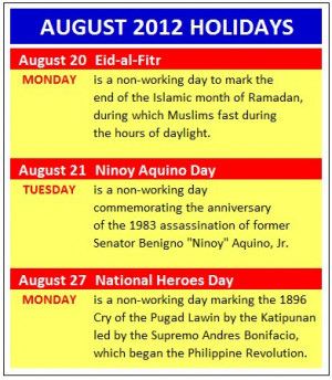 Holidays for August 2012 Eid-al-Fitr, Ninoy Aquino Day, National ...