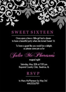 Black And Pink Flourish Sweet 16th Birthday Invitation Wording