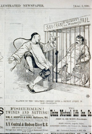 caricature of a Chinese man happy that Denis Kearney is in jail ...