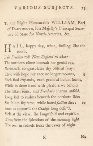 Honourable William, Earl of Dartmouth” by Phillis Wheatley, in Poems ...