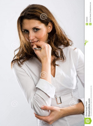 Woman chewing nervous on her fingers while looking to you.