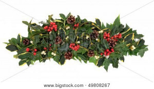 ... floral arrangement with holly, ivy, mistletoe, pine cones