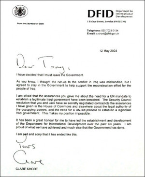 Clare Short's letter to Tony Blair resigning as international ...