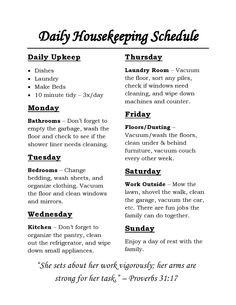 Housekeeping Schedule: chores for each day of the week and daily tasks ...
