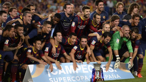 Barcelona celebrate their triumph over Atletico Madrid.