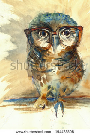 Wise Owl with big eyes in hipster glasses animal watercolor painting ...