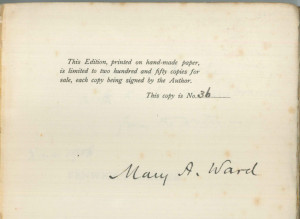 Autograph by the author, Mary Augusta Ward, on the first front leaf of ...