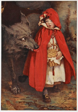 The wolf walks along with Little Red Riding Hood in this illustration ...