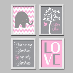 Elephant You Are My Sunshine Quote Child Name Grey Pink Chevron LOVE ...
