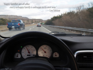 View of highway from driver with Anna Karenina quote