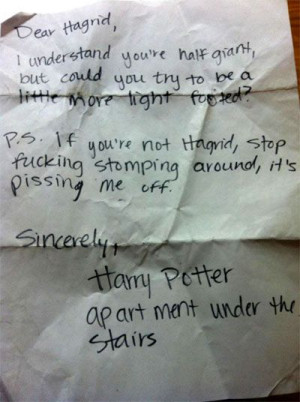 funny pissed off neighbor notes harry potter hagrid