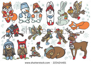 Set of Christmas animals.Cute cartoon birds,animals Funny forest ...