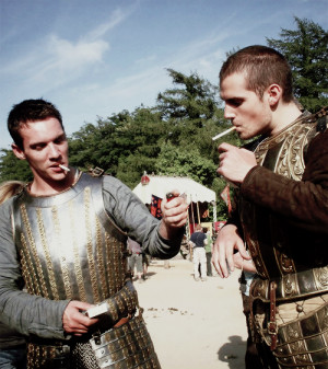 Jonathan Rhys Meyer and Henry Cavill on the set of The Tudors