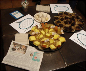 Main Table includes snacks, printed reviews in the quote bubble.