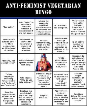 Anti-Feminist Vegetarian Bingo: We treat women like pieces of meat.