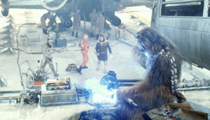 Han Solo and Chewbacca repair Millennium Falcon