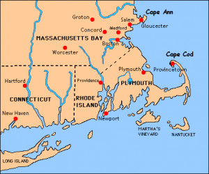 Map of Southern Massachusetts Bay and surrounding New England colonies ...