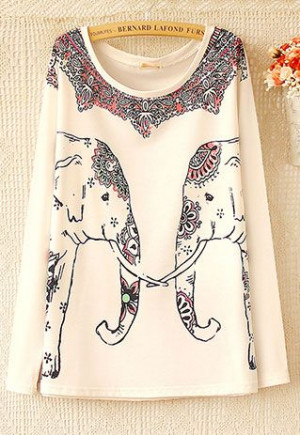 Folk Style Elephant Floral Print Long Sleeve Shirt