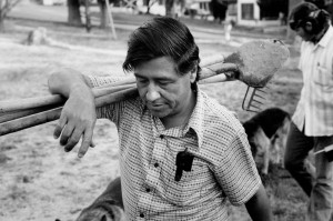 Cesar Chavez is shown here joining the farm workers as a sign of help ...