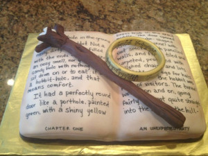 The Hobbit birthday cake, with Gandalf's staff and the ring.