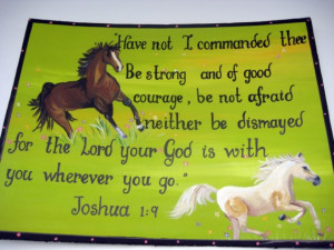 Painting of horses running in a field of flowers with a bible verse