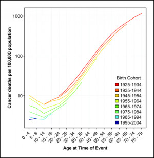 All-site cancer rates in successive birth cohorts by age of death.
