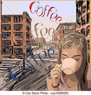 Girl Drinking Coffee Drawing Vector - retro design coffee