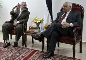 Palestinian President Mahmoud Abbas, right, meets with Palestinian ...